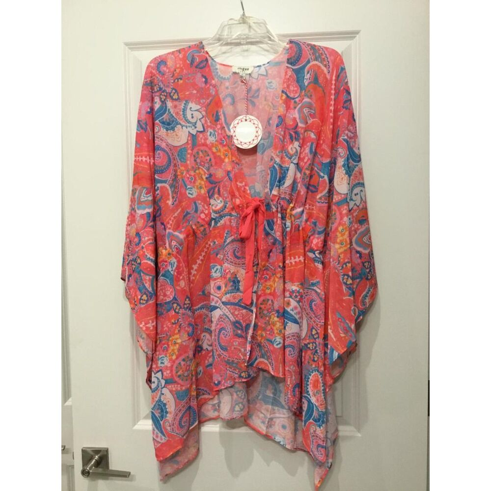 Umgee Open Front Kimono in Vibrant Pink and Blue Paisley Print NWT